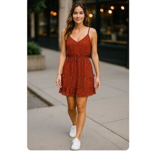 IN‎ Floral Tiered Ruffle Dress Size Med Rust Red Boho Romantic Date Night Outfit